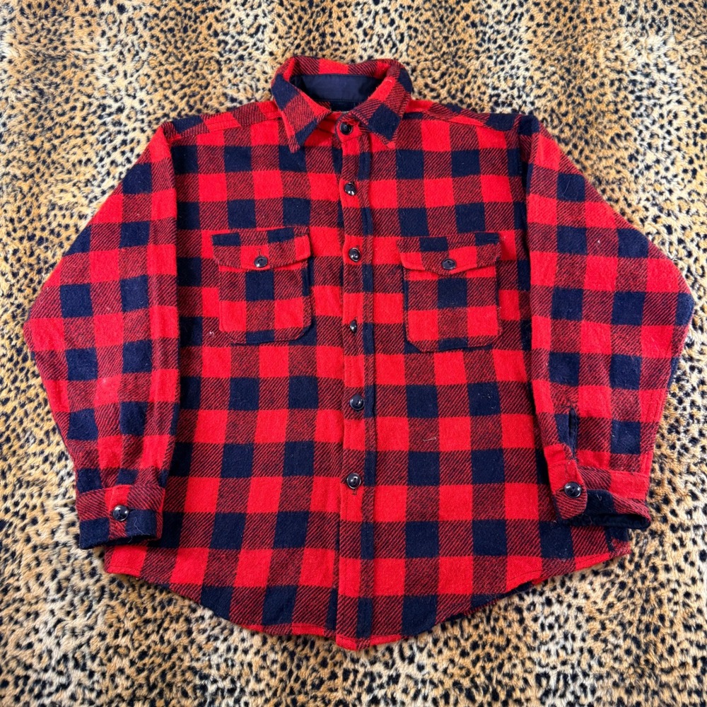 Vintage 1950s Melton Wintermaster Red Black Buffalo Plaid Wool Flannel Shirt L